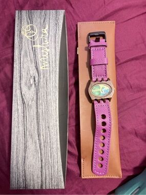 Mistura Handcrafted Purple Leather Strap Wood Watch - Needs New Battery!